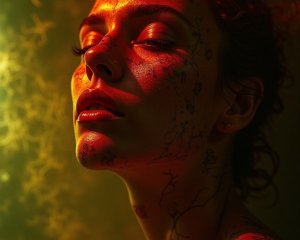 Close-Up Portrait of Woman with Curly Hair and Tattoos