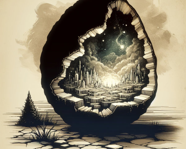 Cracked Egg Structure Revealing Fantastical Cityscape