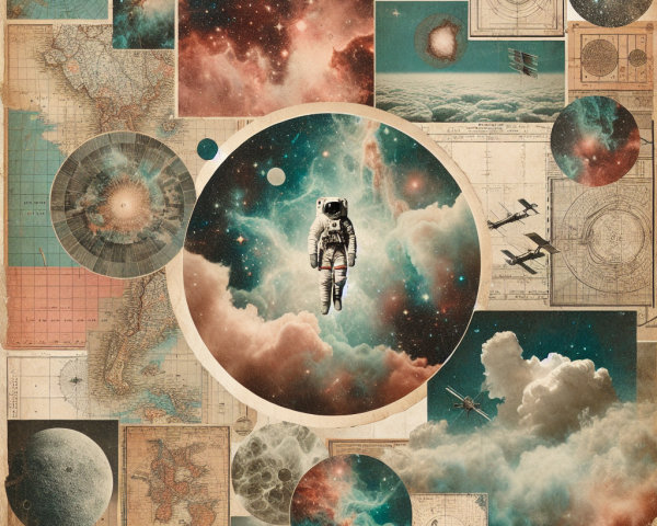 Collage of Cosmic and Cartographic Elements with Astronaut