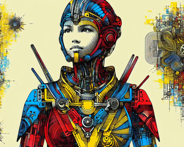 Futuristic Humanoid Figure with Robotic and Organic Elements