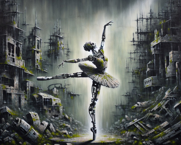 Metallic Ballerina in Post-Apocalyptic Landscape