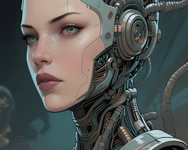 Close-up portrait of a female cyborg with metallic features