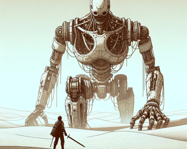 Lone Figure Confronts Massive Robot in Desert Setting