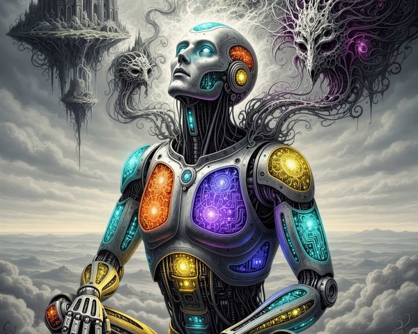 Detailed Digital Painting of a Silver Meditative Robot