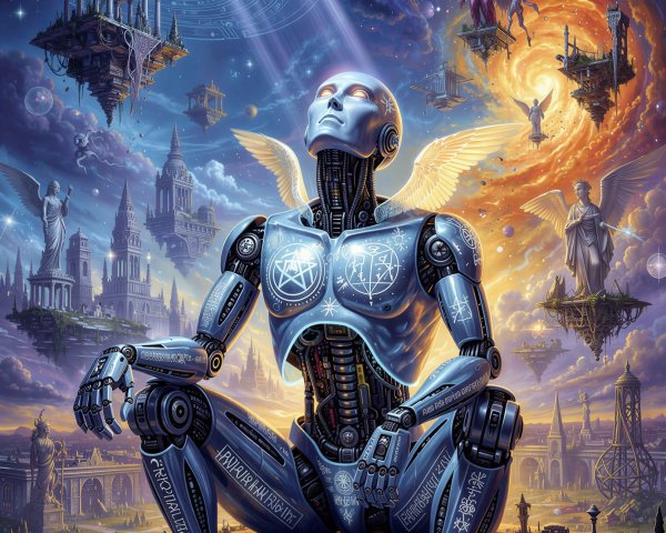 Futuristic Landscape with Contemplative Android Centered