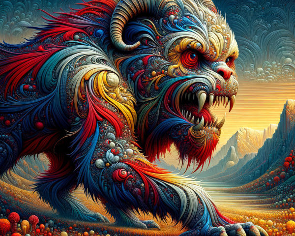Vibrant Fantastical Lion Creature in Surreal Landscape