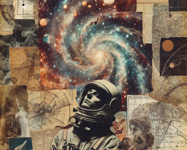 Cosmic Collage of Vintage Illustrations and Galaxy