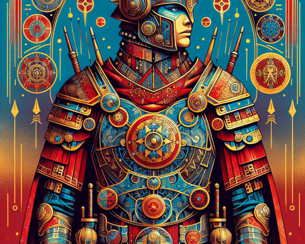 Ornate Warrior in Vibrant Armor with Celestial Symbols