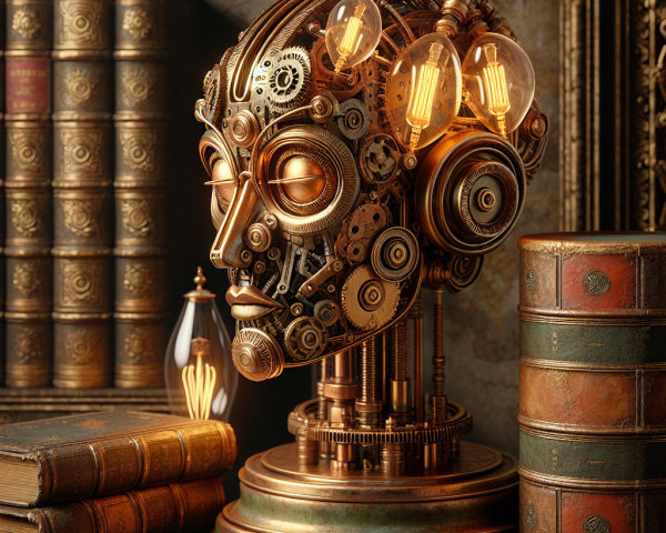 Steampunk Robotic Head with Vintage Decor Elements