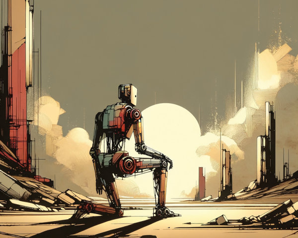 Robot in a Futuristic Landscape at Sunset