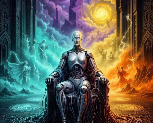 Silver Robot on Throne in Ethereal Cathedral Scene