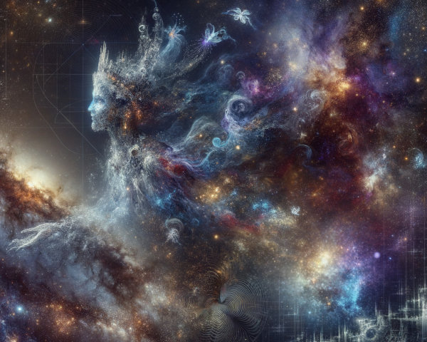 Vibrant Cosmic Scene with Ethereal Figure and Nebulae