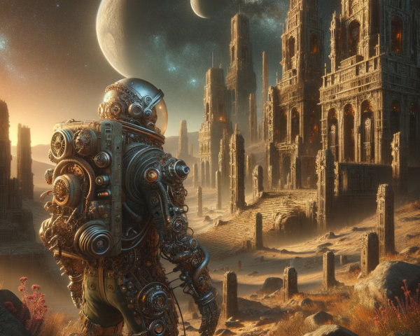 Futuristic Astronaut in Ruins of Ancient Civilization