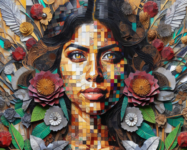 Multi-Dimensional Portrait of a Woman with Floral Motifs