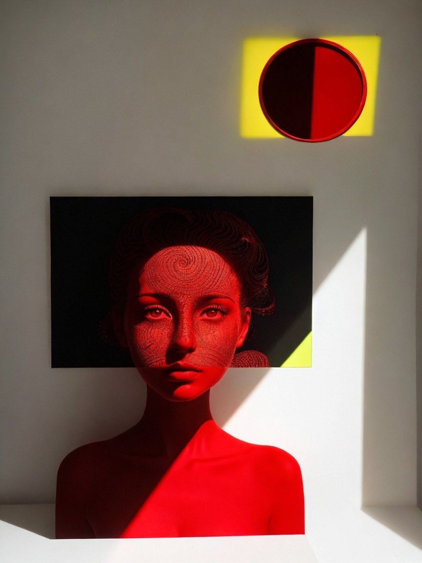 Stylized Portrait of Woman with Red Patterns and Shapes