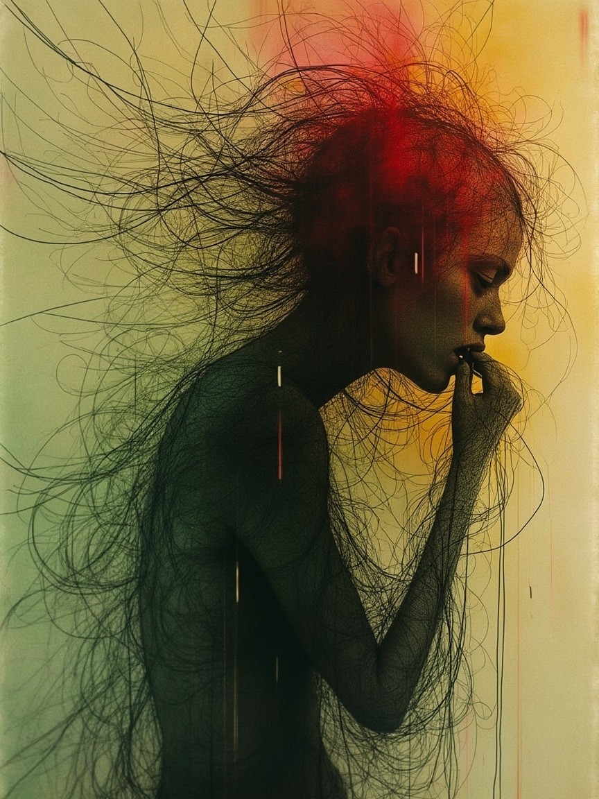 Silhouette Figure with Flowing Strands on Vibrant Background