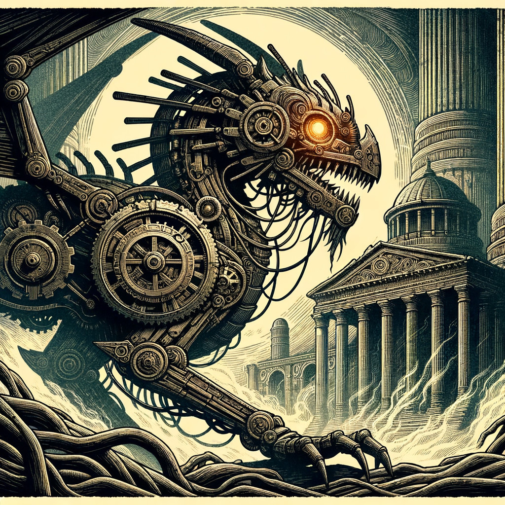 Mechanical Dragon Over Ancient Temple with Vines