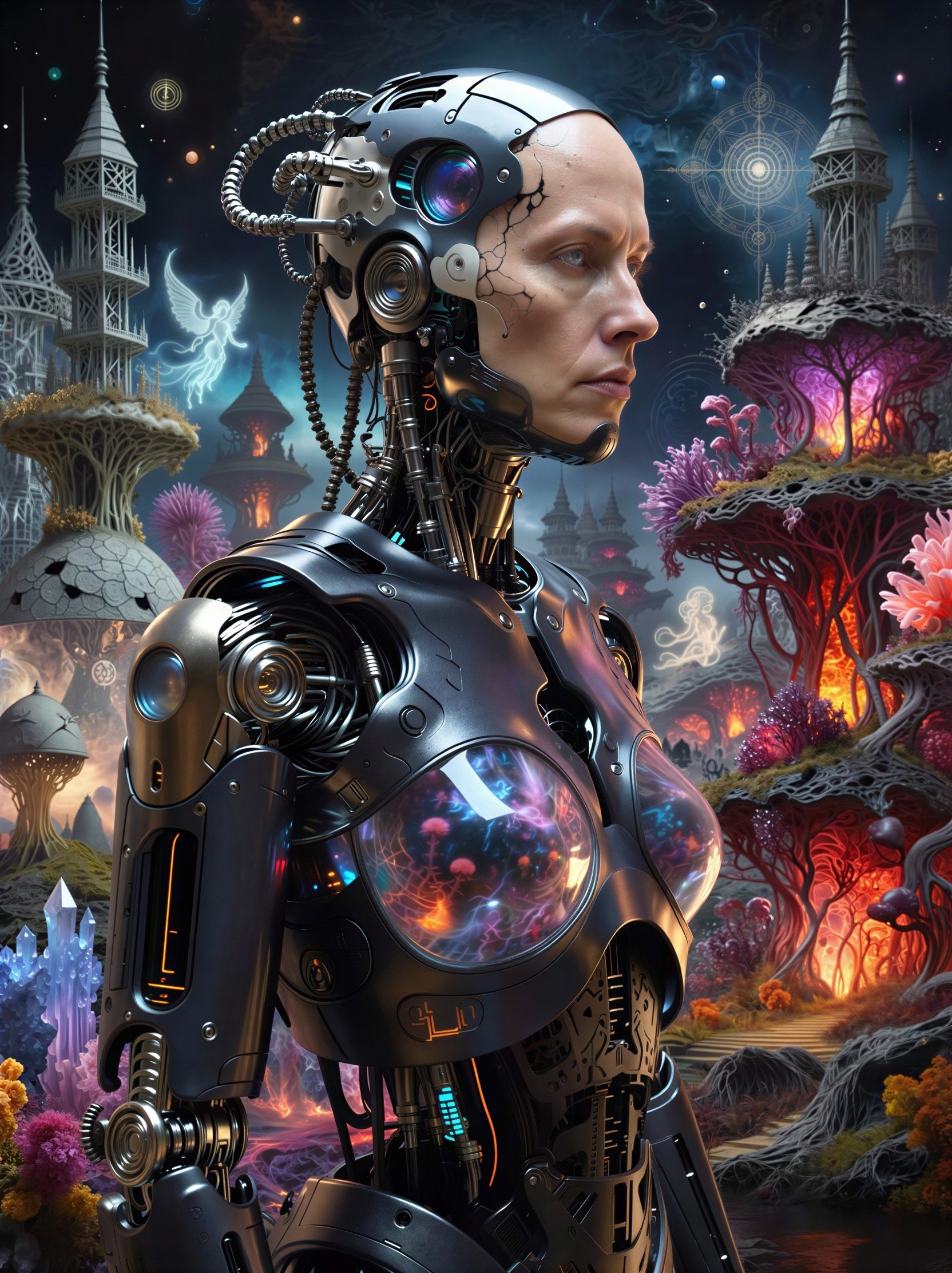 Cyborg Woman in Futuristic Otherworldly Landscape