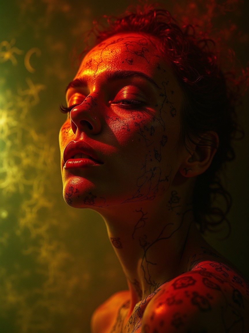 Close-Up Portrait of Woman with Curly Hair and Tattoos