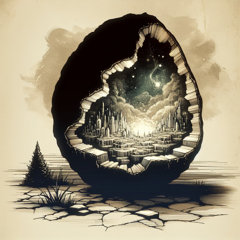 Cracked Egg Structure Revealing Fantastical Cityscape