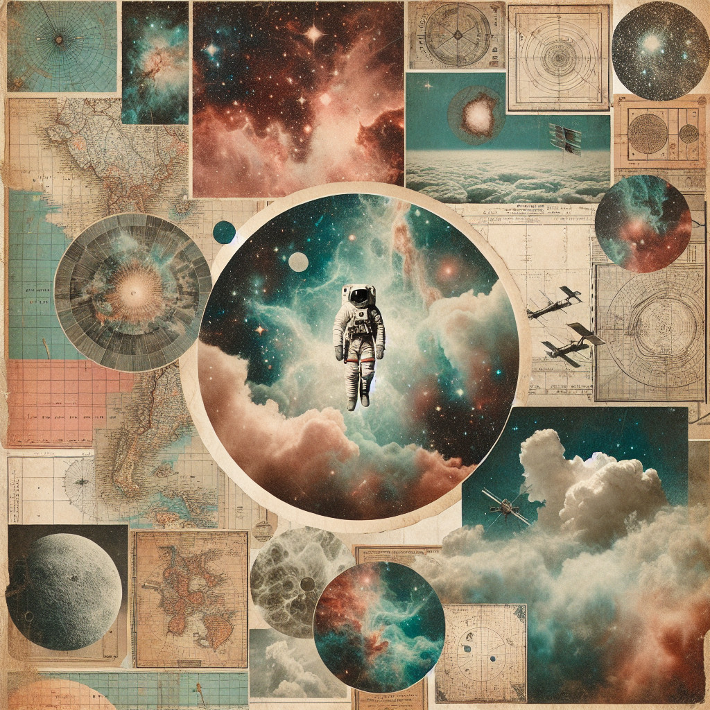 Collage of Cosmic and Cartographic Elements with Astronaut