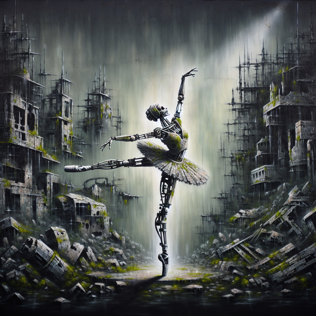 Metallic Ballerina in Post-Apocalyptic Landscape