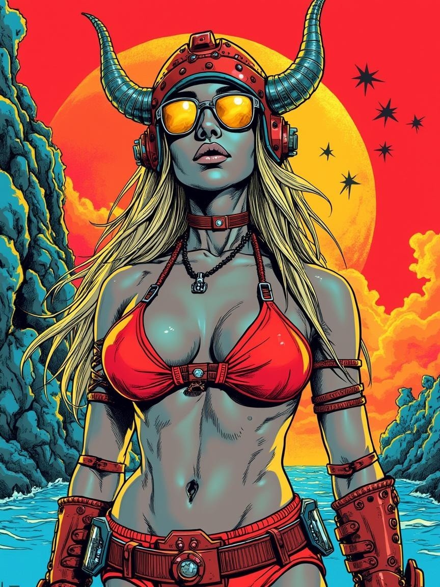 Confident Female Figure in Red Bikini and Viking Helmet