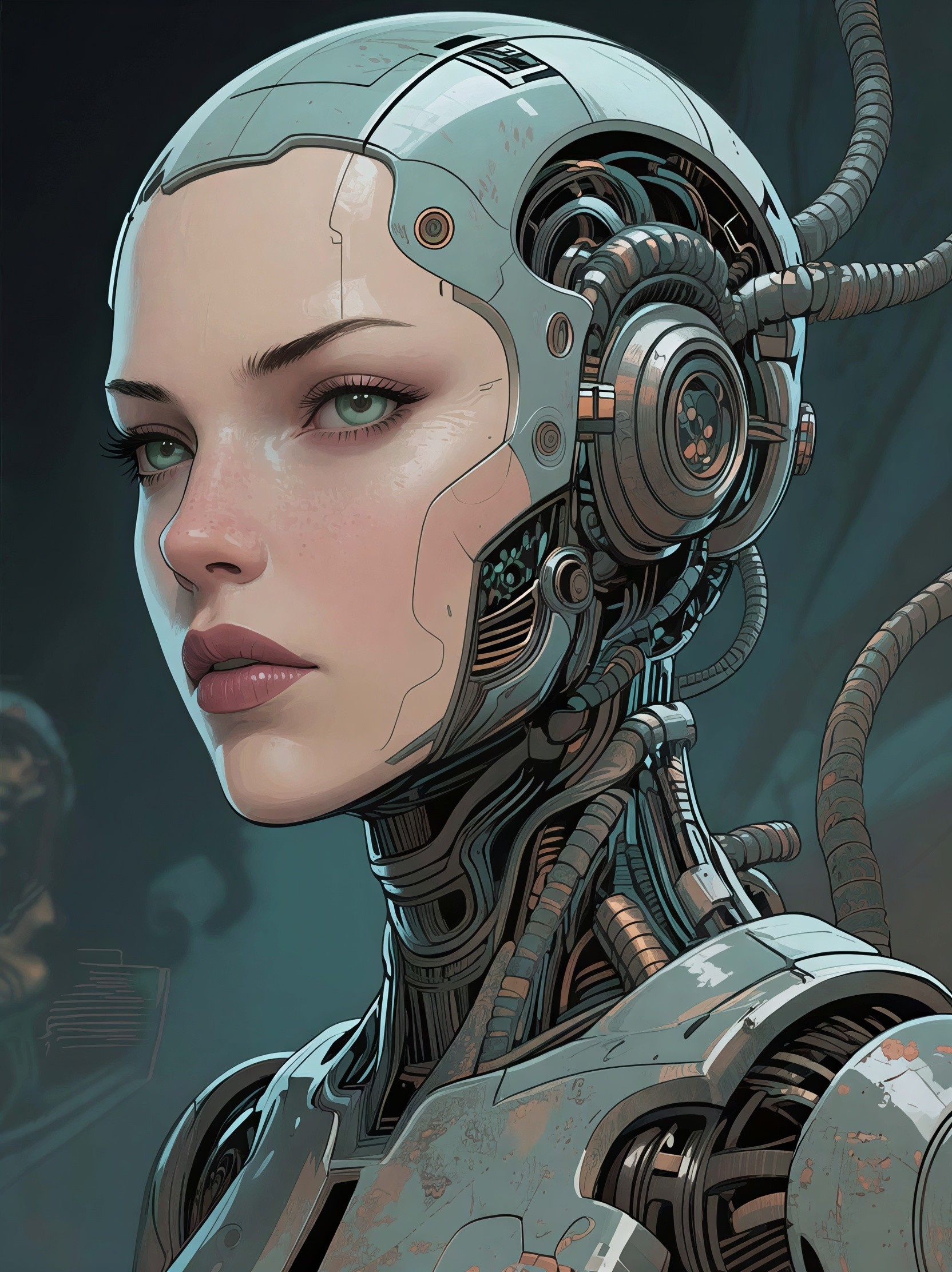 Close-up portrait of a female cyborg with metallic features