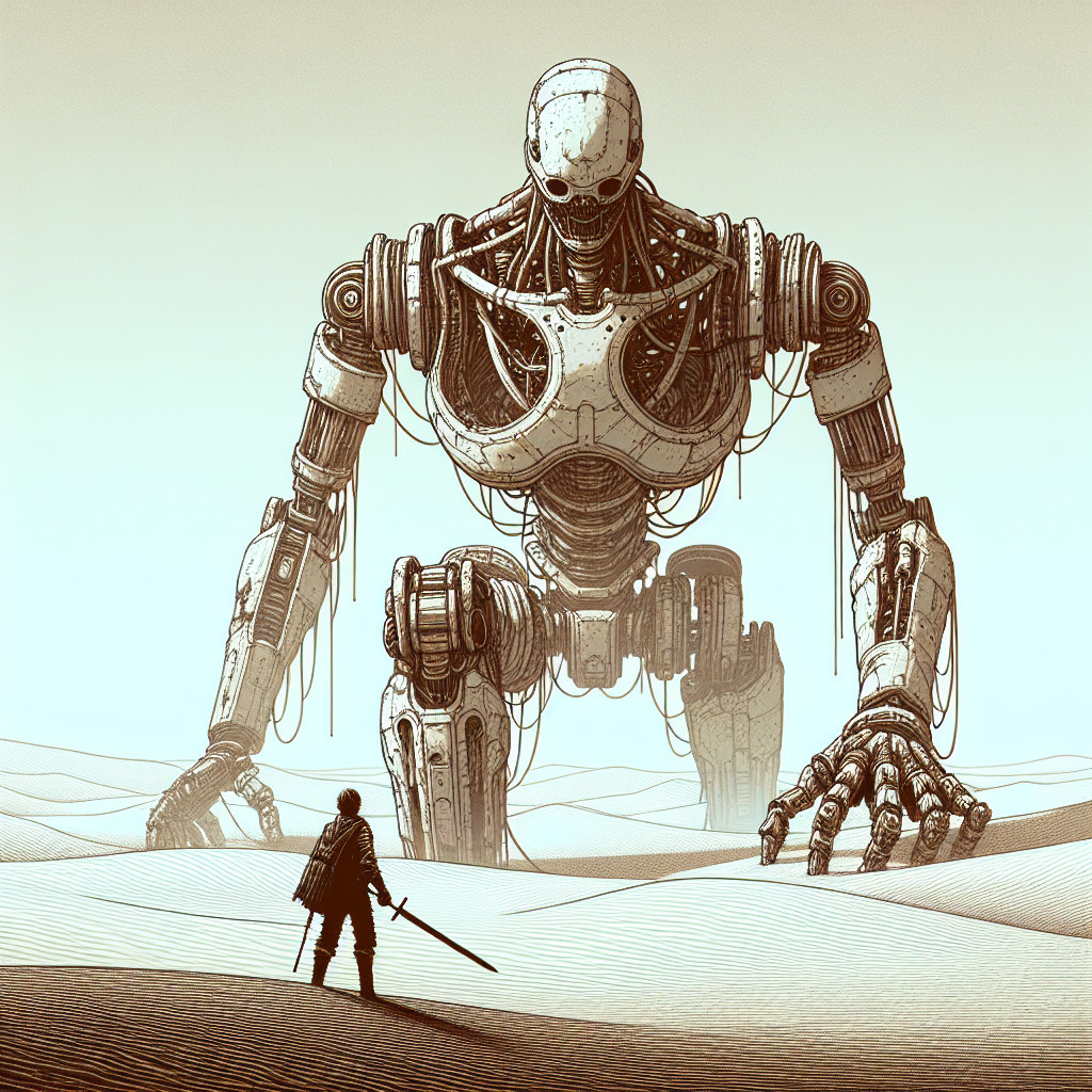 Lone Figure Confronts Massive Robot in Desert Setting