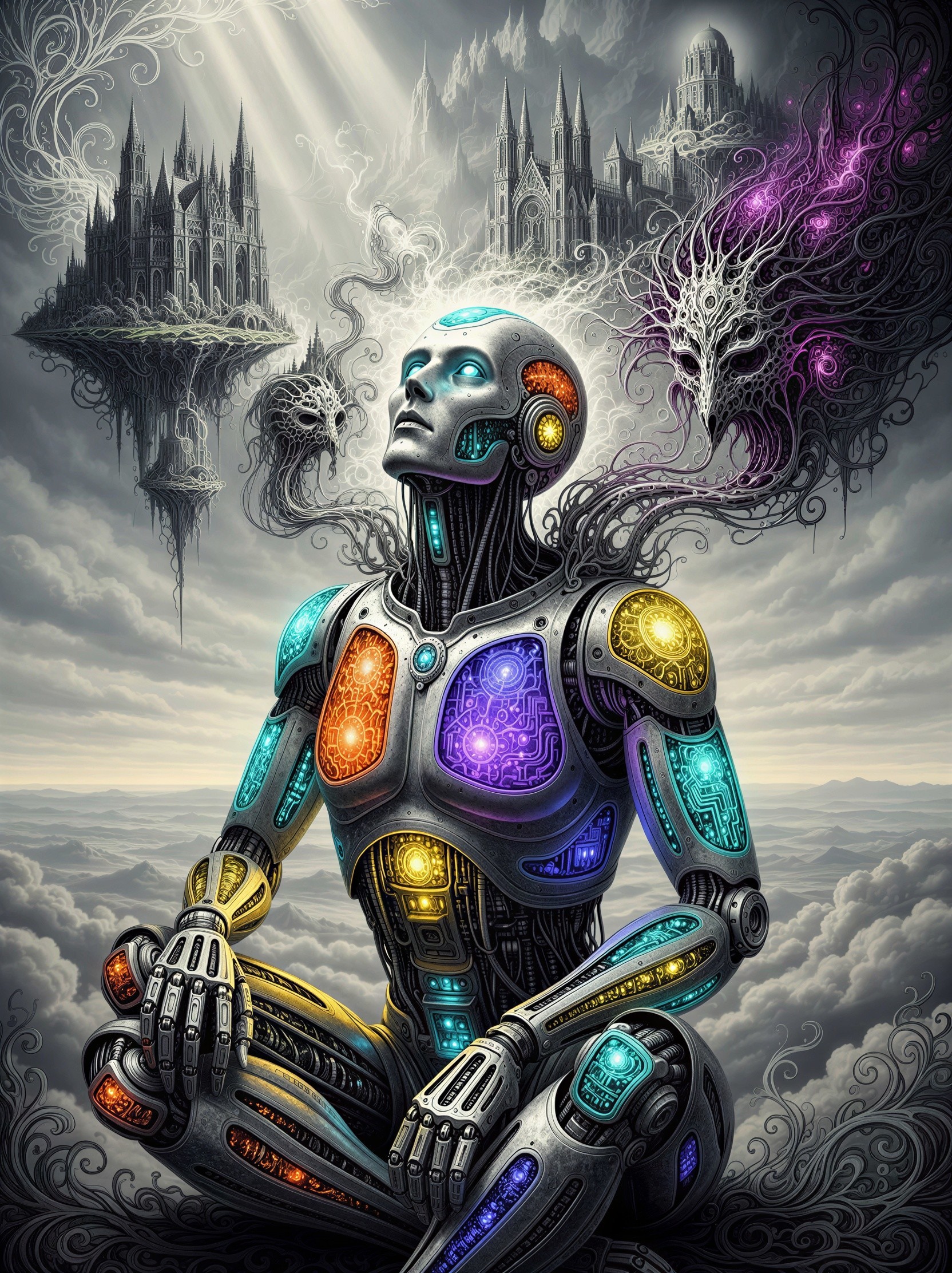Detailed Digital Painting of a Silver Meditative Robot