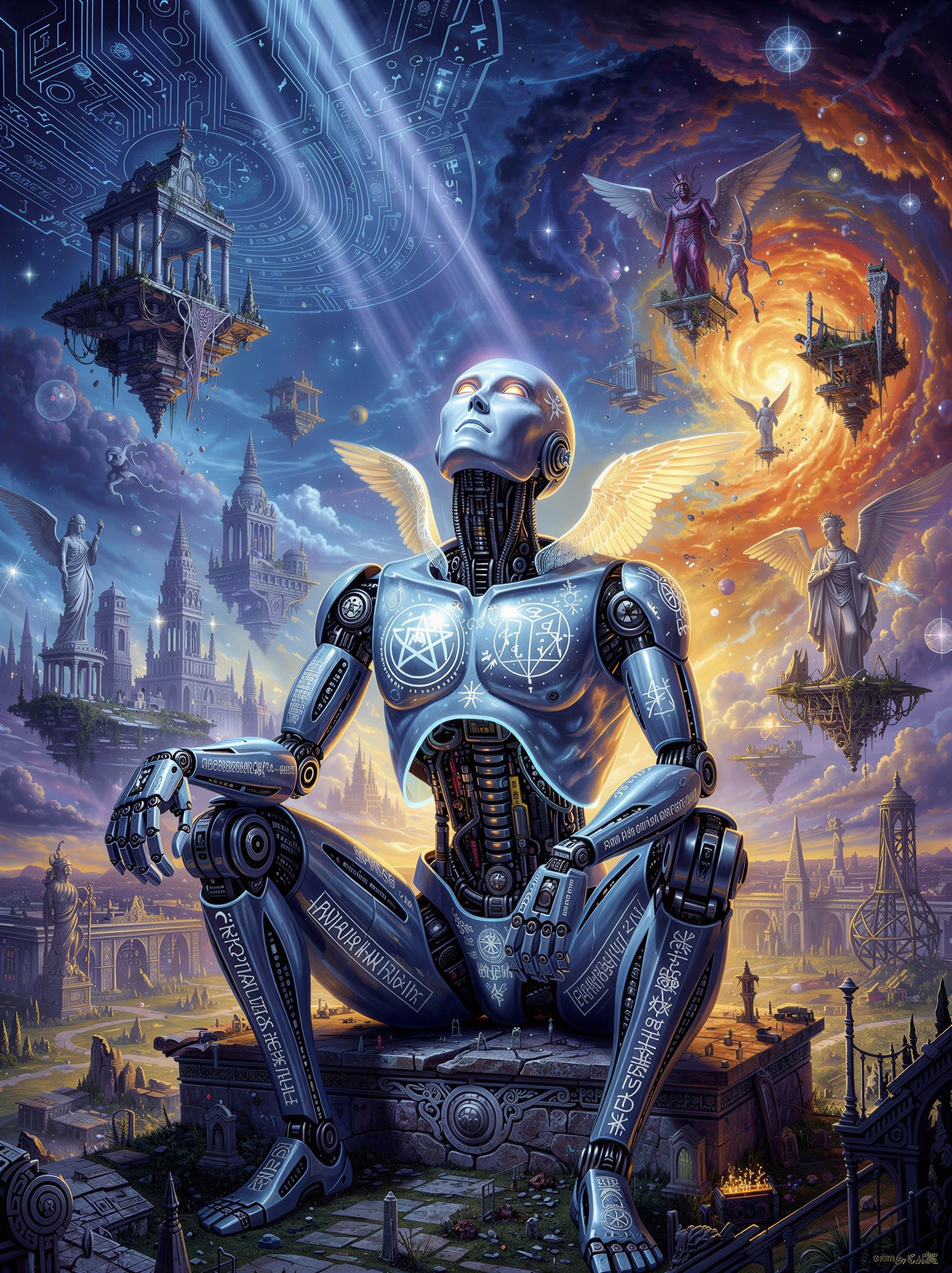 Futuristic Landscape with Contemplative Android Centered