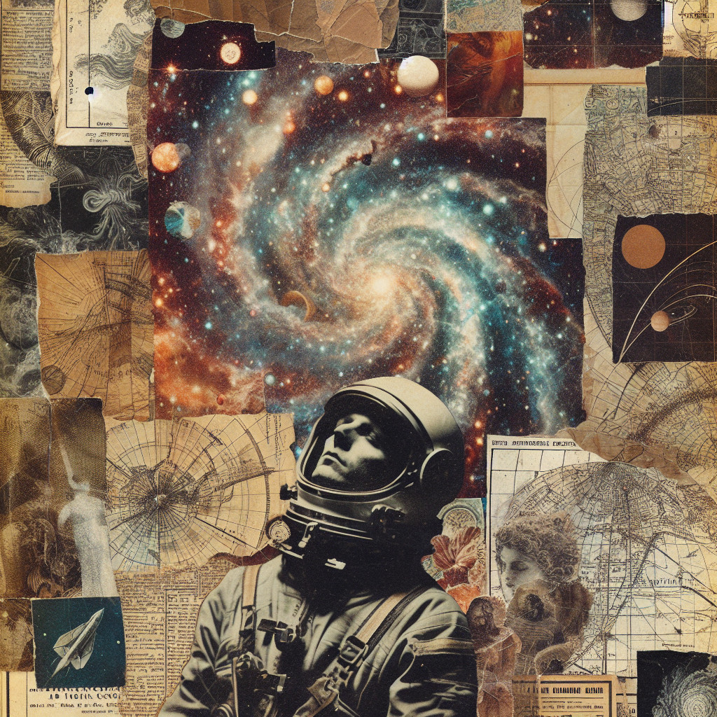 Cosmic Collage of Vintage Illustrations and Galaxy
