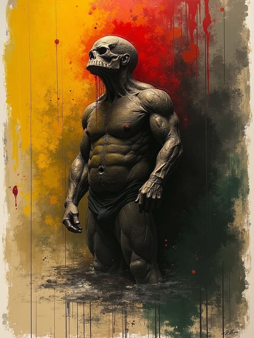 Muscular Skeletal Figure Against Bold Abstract Background