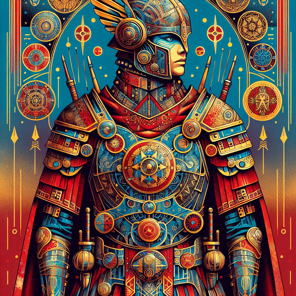 Ornate Warrior in Vibrant Armor with Celestial Symbols