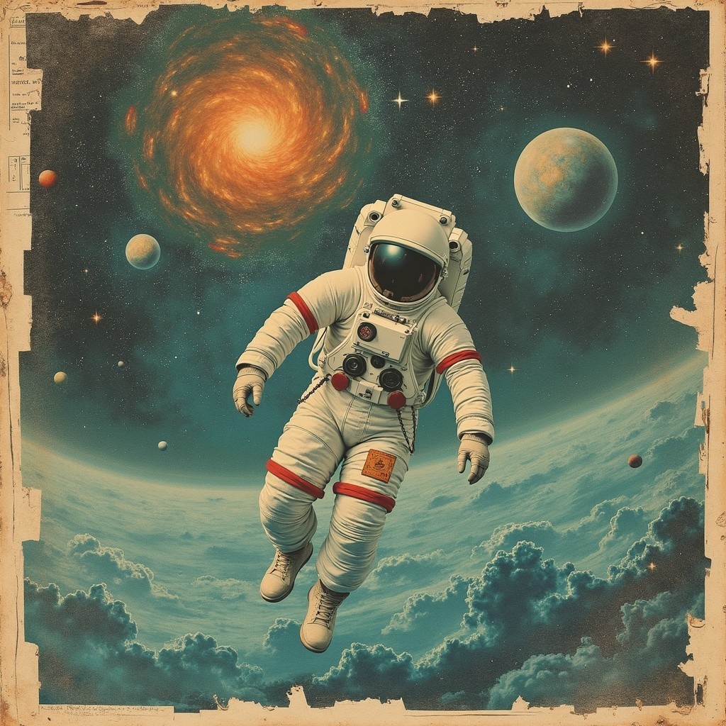 Astronaut in Colorful Galaxy Surrounded by Celestial Bodies