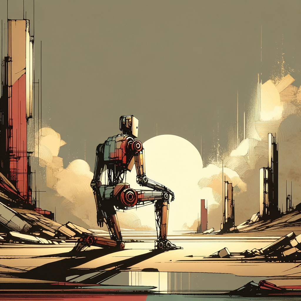 Robot in a Futuristic Landscape at Sunset
