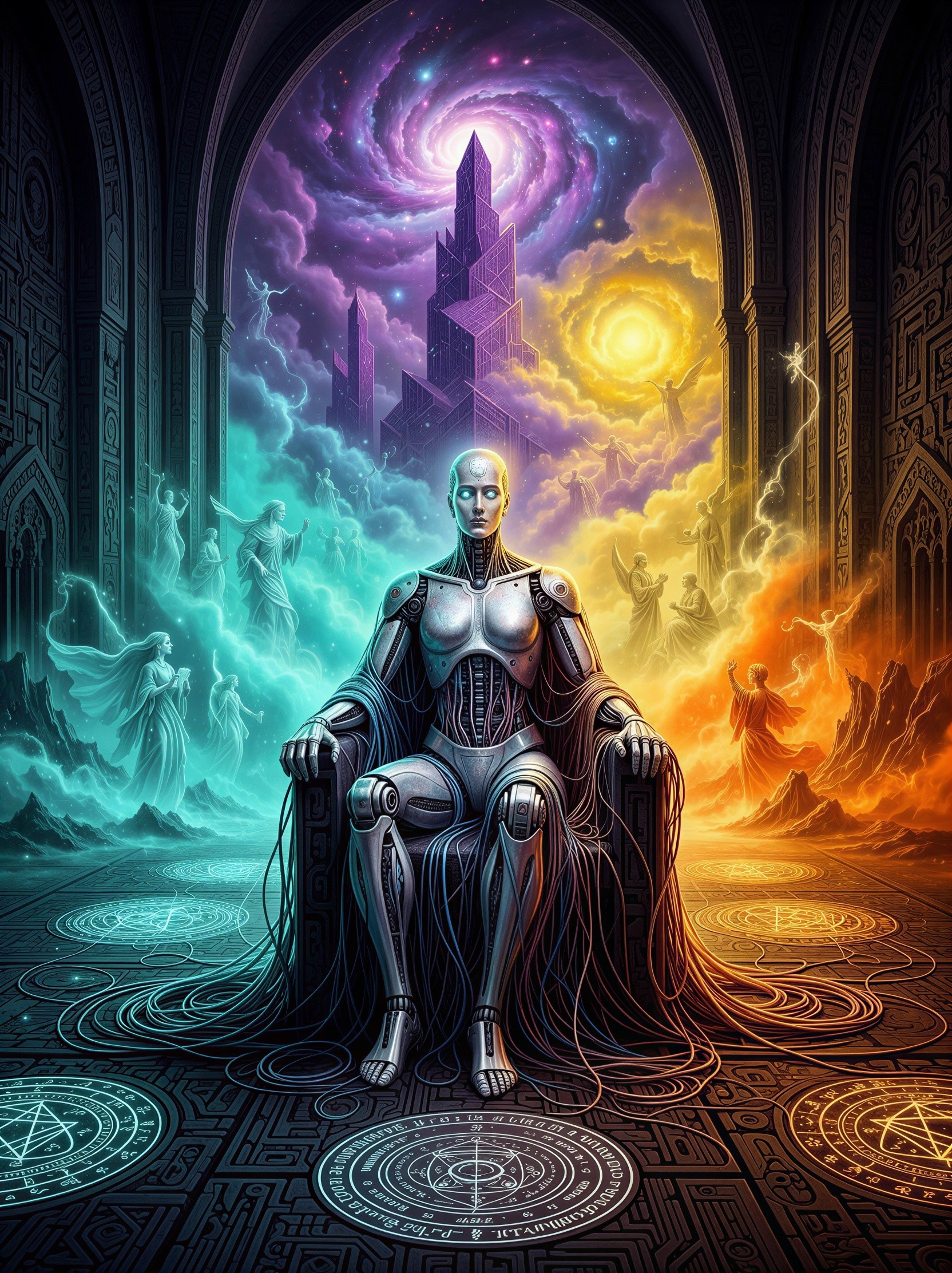 Silver Robot on Throne in Ethereal Cathedral Scene