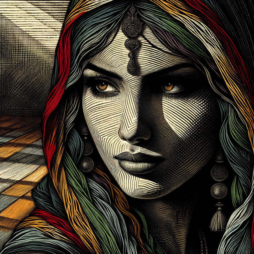 Portrait of a woman with flowing hair and abstract background