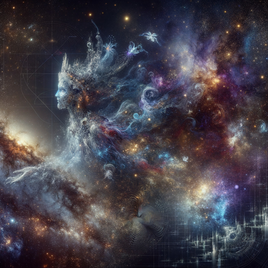 Vibrant Cosmic Scene with Ethereal Figure and Nebulae
