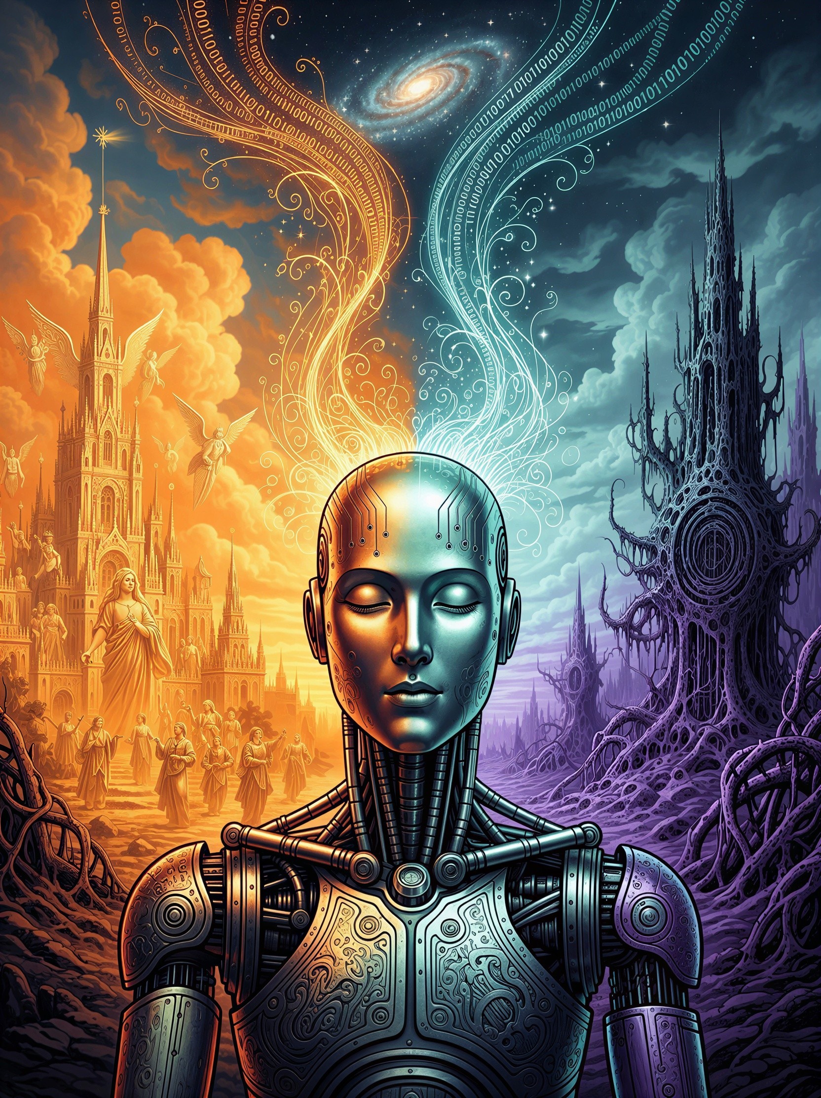 Digital Painting of a Robotic Figure Meditating in Contrast