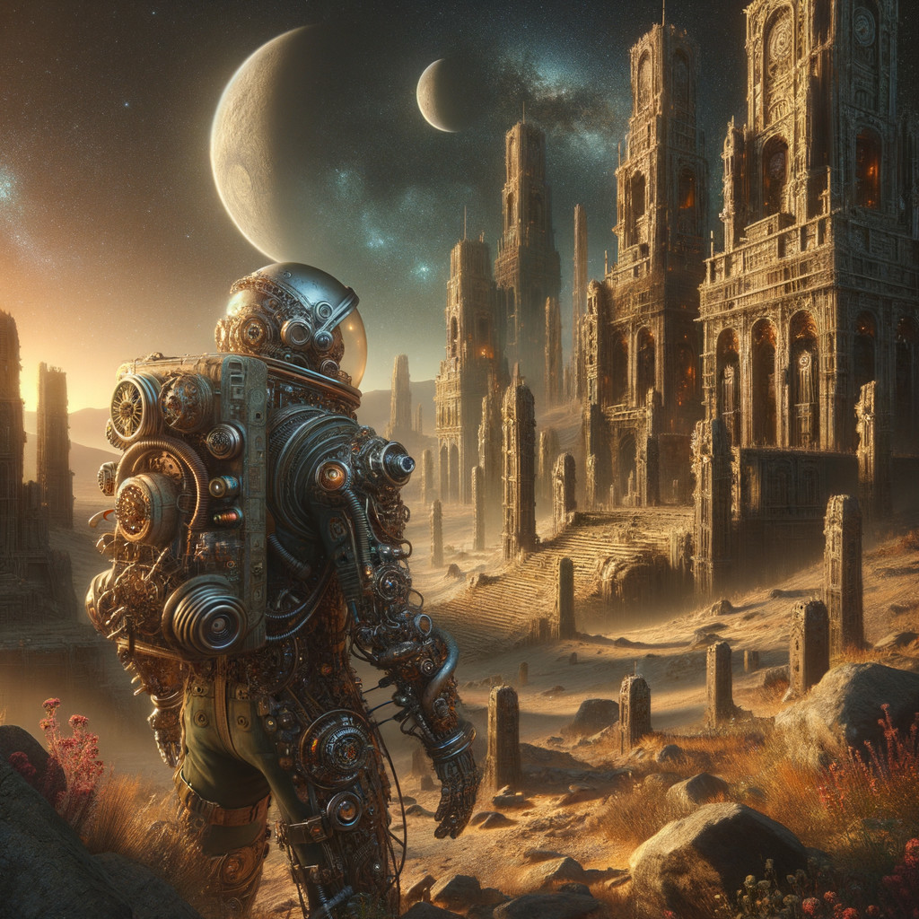 Futuristic Astronaut in Ruins of Ancient Civilization