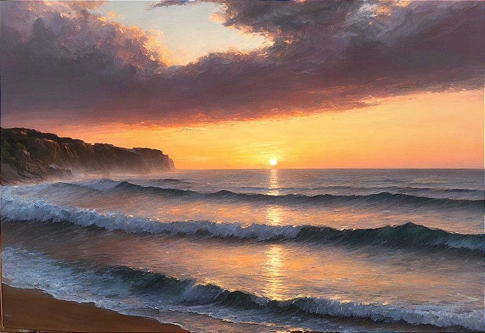 Sunset over Waves with Warm Hues and Cliffs