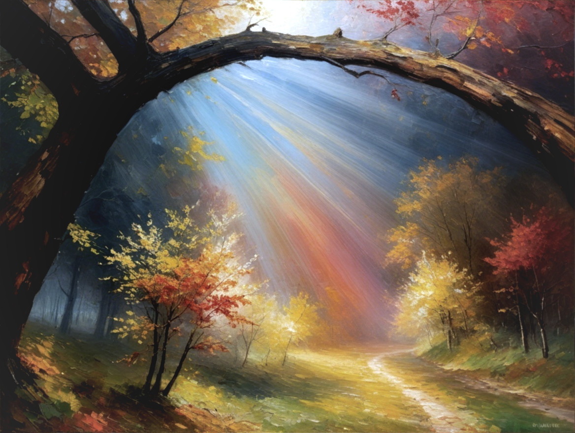 Vibrant Autumn Landscape with Arching Tree and Leaves