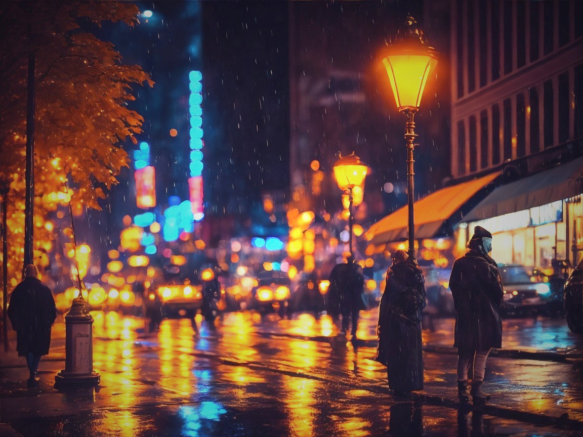 Vibrant City Street Scene with Rain and Neon Lights