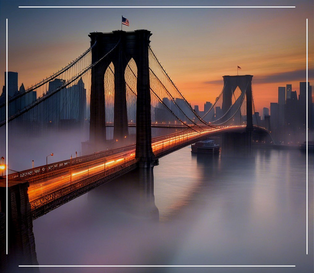 Brooklyn Bridge at Dusk with Fog and City Skyline