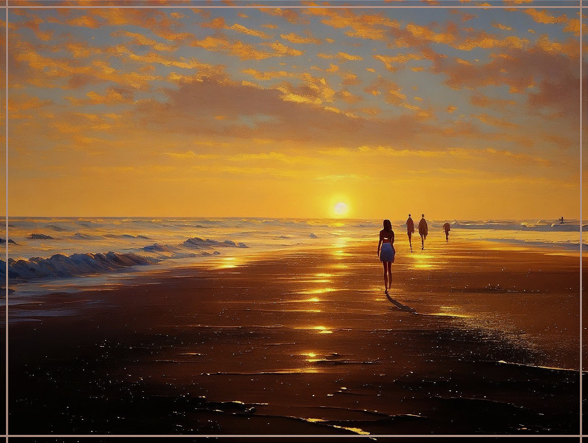 Serene Beach Sunset with Silhouettes and Clouds