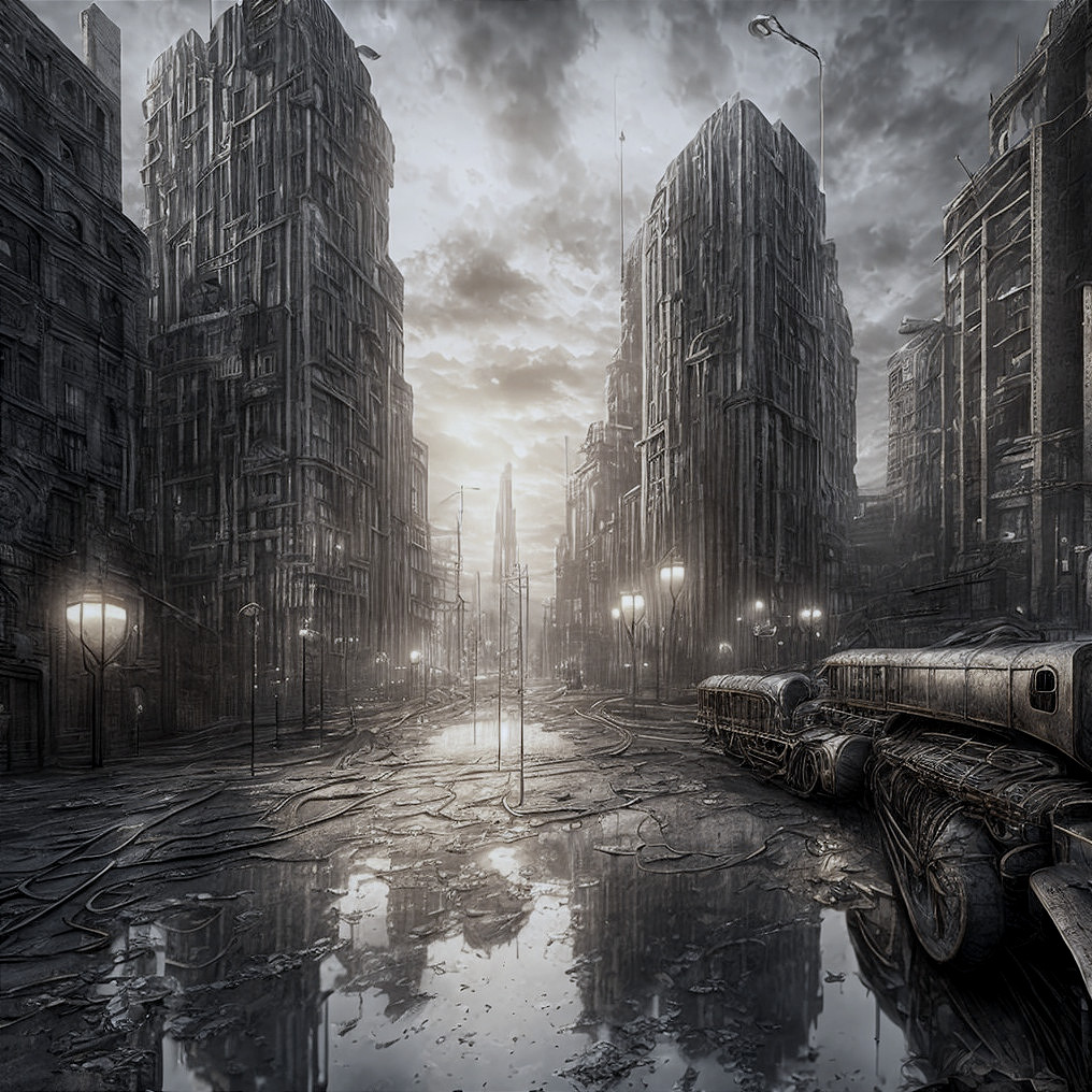 Desolate cityscape with crumbling buildings and haze