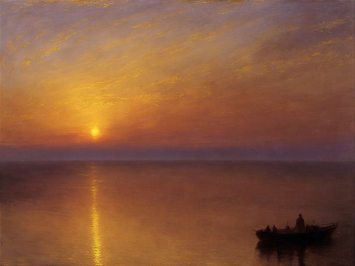 Serene Sunset Over Calm Water with Silhouetted Boat