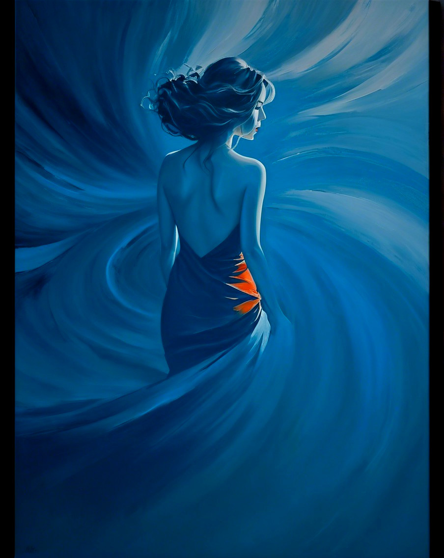 Graceful Woman in Blue Gown with Orange Accent