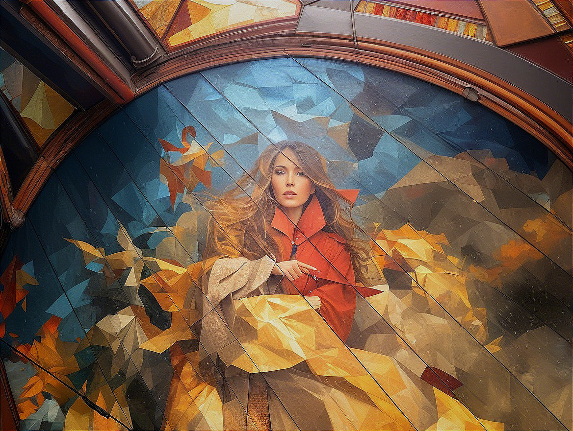 Woman in Red Coat Amidst Abstract Golden Landscape